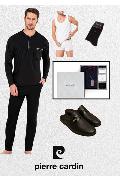 Pierre Cardin Men's Clothing Boxed Dowry Gift Combed Cotton Pajama Set & Undershirt - Boxer & Socks & Leather Slippers Set