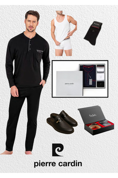 Pierre Cardin Boxed Dowry Combed Cotton Pajama Set & Undershirt - Boxer & Socks & Leather Slippers Set & Belt Wallet Set