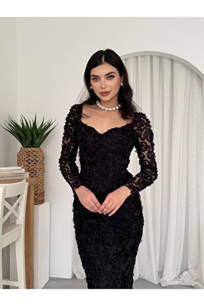 zoezoe Üç Boyutlu Gül Aplikeli Kalp Yaka Bordo Elbise