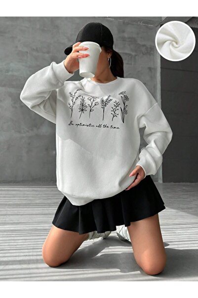 Flood Of Style Femeie albă Albă Optimistic Bahçe cu imprimeu guler rotund sup...