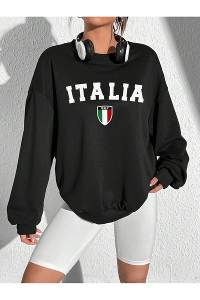 Flood Of Style بلوزة نسائية سوداء ذات ياقة دائرية مطبوعة باللون الأسود من إيطاليا