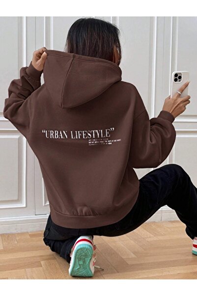 Flood Of Style Καφέ Γυναικείο Καφέ Urban Lifestyle με τύπωμα με κουκούλα Hoodie