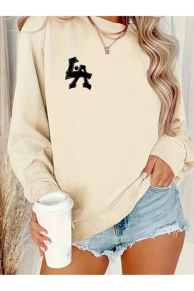 Flood Of Style Bej Femei Bej Logo La cu imprimeu guler rotund supradimensionat