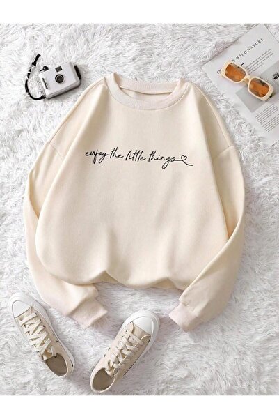 Flood Of Style Hanorac pentru femei, bej, Enjoy The Little cu imprimeu 3 Thre...