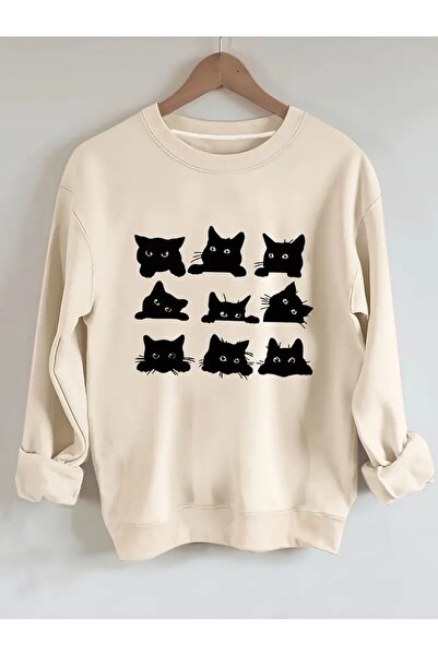 Flood Of Style Bej Femei Bej 9 pisică cu imprimeu guler rotund supradimensionat