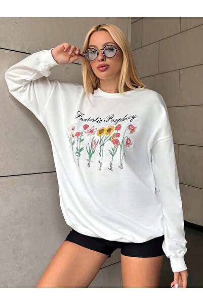 Flood Of Style Λευκό Γυναικείο Λευκό Fantastic Flower με τύπωμα Crew Neck ove...