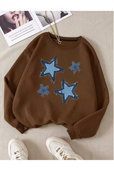 Flood Of Style Brown Women's Brown Light Star Printed Crew Neck Oversize