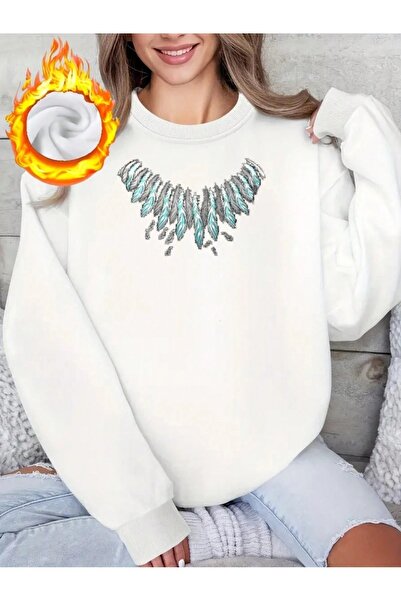 Flood Of Style Femei albe Tugler albe cu imprimeu guler rotund supradimensionat