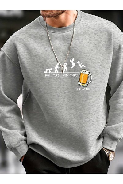 Flood Of Style Gray Men's Gray Beer Printed Crew Neck Oversize