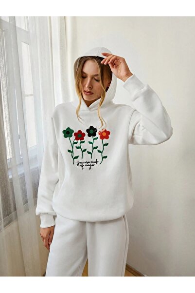 Flood Of Style Hanorac alb pentru femei You Are Flower cu imprimeu cu glugă