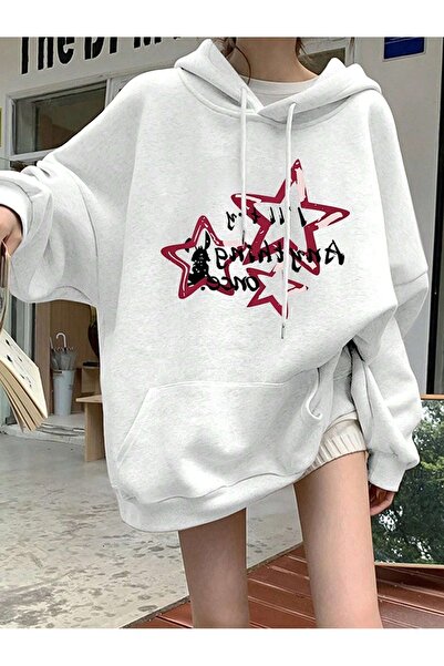 Flood Of Style Hanorac alb pentru femei White Stars cu imprimeu cu glugă