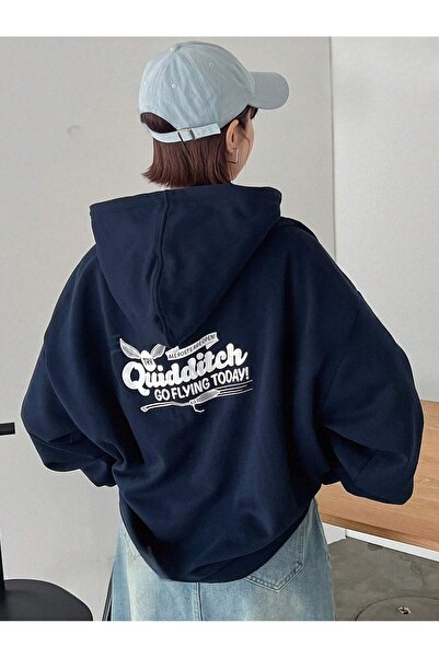 Flood Of Style Hanorac pentru femei, albastru bleumarin, Quidditch cu imprimeu 3 Thread K cu glugă