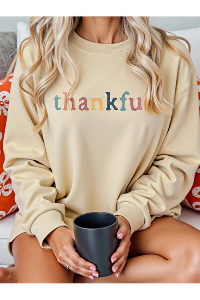 Flood Of Style Bej Femei Bej Thankful cu imprimeu guler rotund supradimensionat