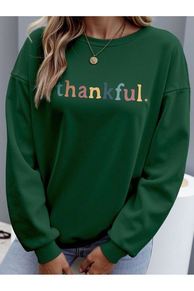 Flood Of Style Green Women's Nefti Green Thankful Printed Crew Neck Oversize