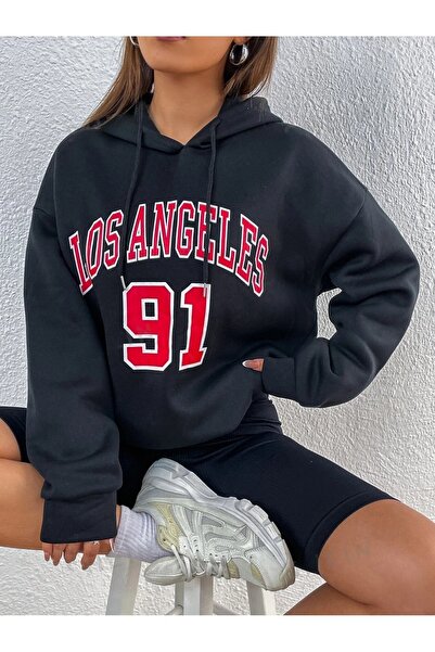 Flood Of Style Μαύρο γυναικείο μπλουζάκι με κουκούλα Los Angeles 91 με τύπωμα...