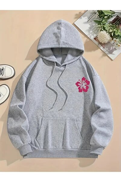 Flood Of Style Hanorac gri pentru femei Grey Ocean Beach cu imprimeu 3 Thread K cu glugă