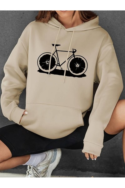 Flood Of Style Beige Women's Beige Figure Bicycle Printed 3 Thread Hooded Hoodie