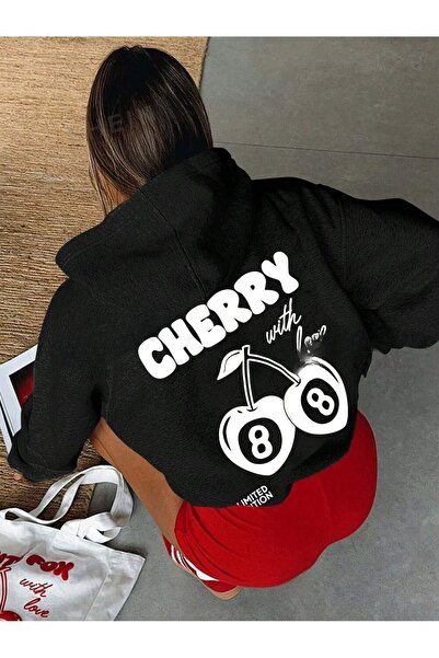 Flood Of Style Hanorac negru pentru femei Black Cheery 88 cu imprimeu 3 Thread K cu glugă