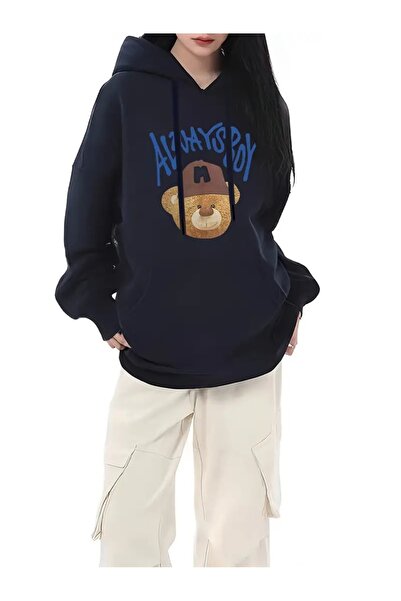 Flood Of Style Hanorac pentru femei, albastru bleumarin, întotdeauna mărimea cu imprimeu 3 fire K cu glugă