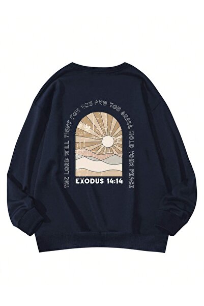 Flood Of Style Albastru bleumarin pentru femei Albastru bleumarin Exodus 14 cu imprimeu supradimensionat guler rotund