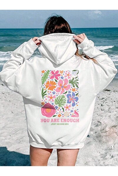 Flood Of Style Hanorac alb pentru femei You Are Enought cu imprimeu cu glugă