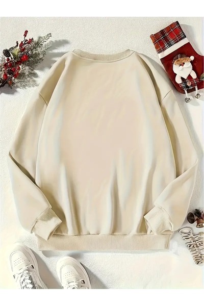 Flood Of Style Bej Femei Bej I Like Cat cu imprimeu guler rotund