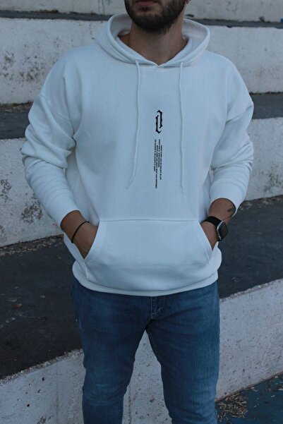 Flood Of Style Hanorac alb pentru bărbați Vertical cu imprimeu alb cu glugă