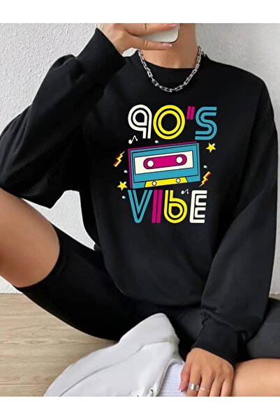 Flood Of Style Black Women's Black 90's Vibe Printed Crew Neck Oversize