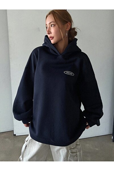 Flood Of Style هودي نسائي ذو غطاء للرأس مطبوع عليه 3 خيوط باللون الأزرق الداك...