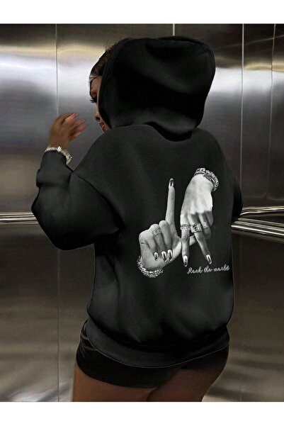 Flood Of Style Femeie neagră Black Rock The World cu imprimeu cu glugă supradimensionat