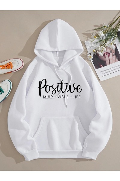 Flood Of Style Λευκό γυναικείο μπλουζάκι με κουκούλα Positive με τύπωμα με κο...