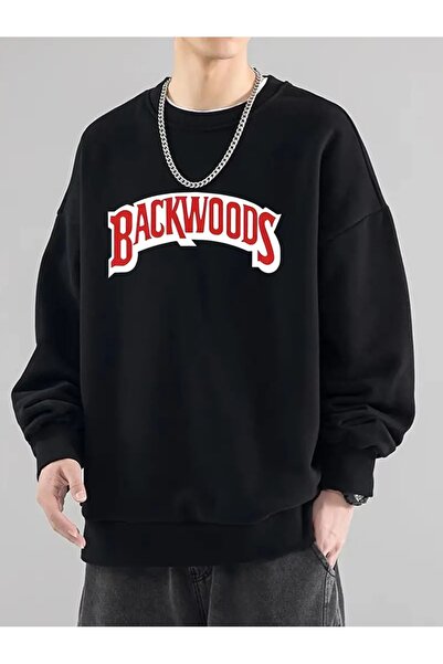 Flood Of Style Μαύρο ανδρικό μπλουζάκι Black BackWoods με τύπωμα Crew Neck ov...
