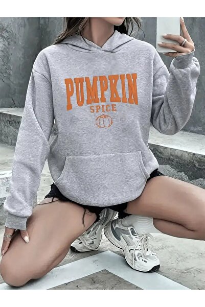 Flood Of Style Hanorac gri pentru femei Grey Pumpkin Spice cu imprimeu 3 Thread K cu glugă