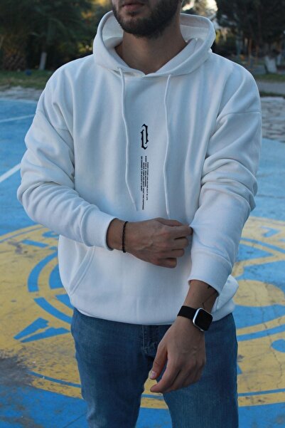 Flood Of Style Hanorac alb pentru bărbați Vertical cu imprimeu alb cu glugă