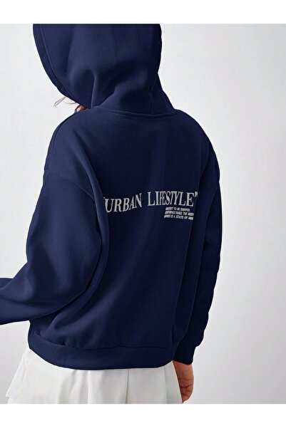 Flood Of Style Hanorac pentru femei, albastru bleumarin, Urban Lifestyle cu imprimeu cu glugă