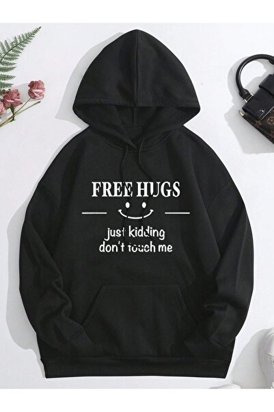 Flood Of Style Crna unisex majica sa kapuljačom Black Free Hugs Štampano 3 ni...