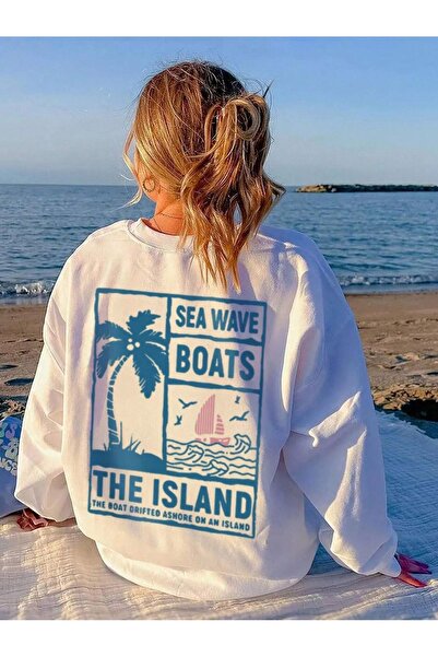 Flood Of Style White Women's White Seawave Boats Printed Crew Neck Oversize