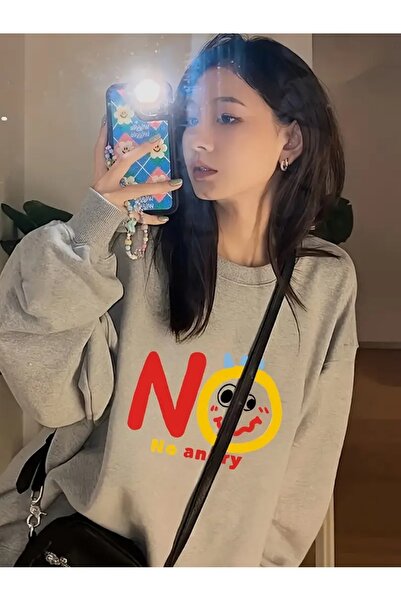 Flood Of Style Γκρι Γυναικείο Γκρι No Angry με τύπωμα Crew Neck oversized