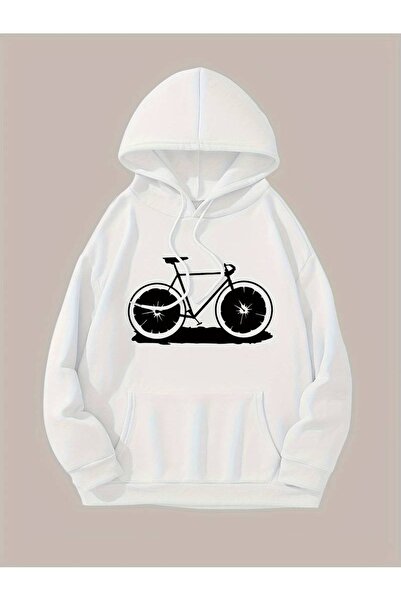 Flood Of Style Hanorac alb pentru femei White Figure Bike cu imprimeu 3 Thread K cu glugă