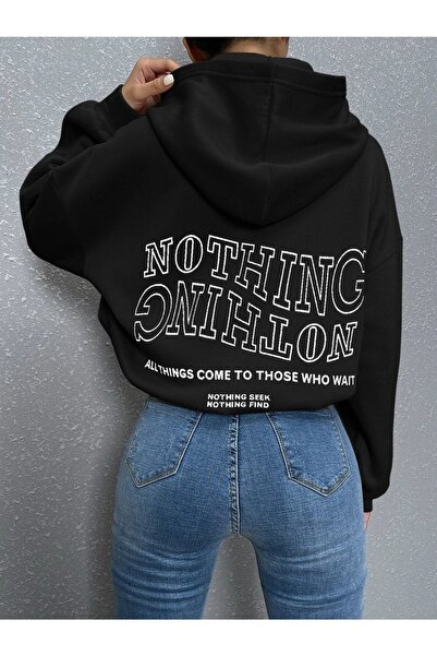 Flood Of Style Black Women's Black Nothing Printed Hooded Hoodie