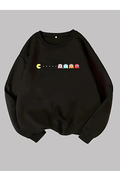 Flood Of Style Hanorac negru unisex PacMan Era cu imprimeu cu glugă