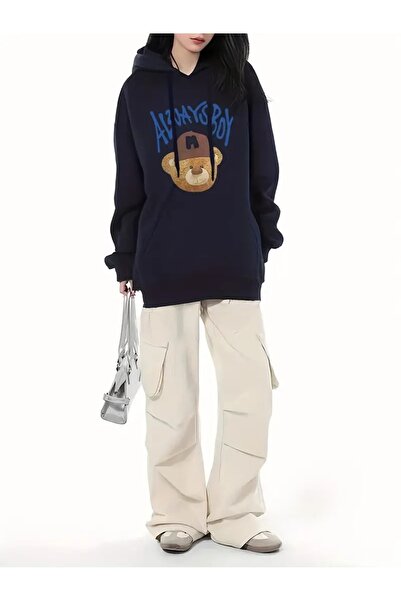 Flood Of Style Hanorac pentru femei, albastru bleumarin, întotdeauna mărimea cu imprimeu 3 fire K cu glugă