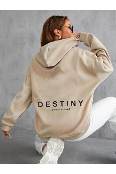 Flood Of Style Hanorac bej pentru femei Destiny cu imprimeu cu glugă