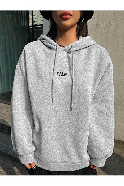 Flood Of Style Hanorac gri pentru femei Grey Calm Growth cu imprimeu 3 Thread K cu glugă