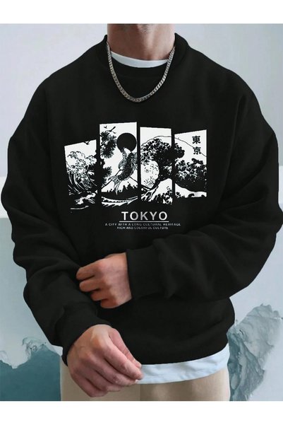 Flood Of Style Black Men's Black Tokyo Printed Crew Neck Oversize