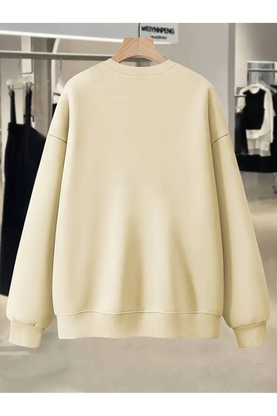 Flood Of Style Bej pentru femei Bej Bicicletă Papatya cu imprimeu guler rotund supradimensionat