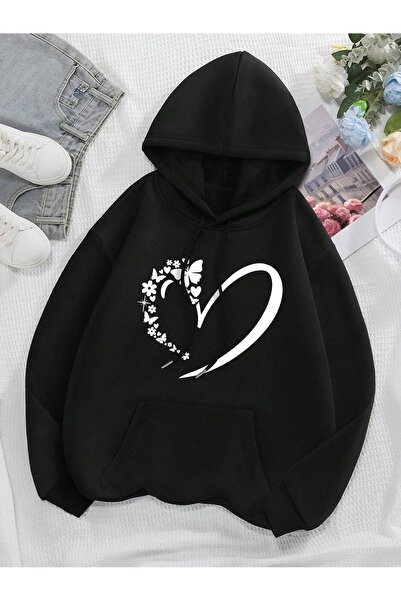 Flood Of Style Μαύρο γυναικείο φούτερ με κουκούλα πεταλούδα καρδιά με τύπωμα ...