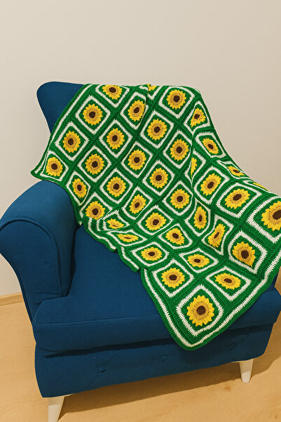 LevanaAZ 🌻 El Yapımı Günebakan (Ayçiçeği) Desenli Örgü Battaniye 🌻