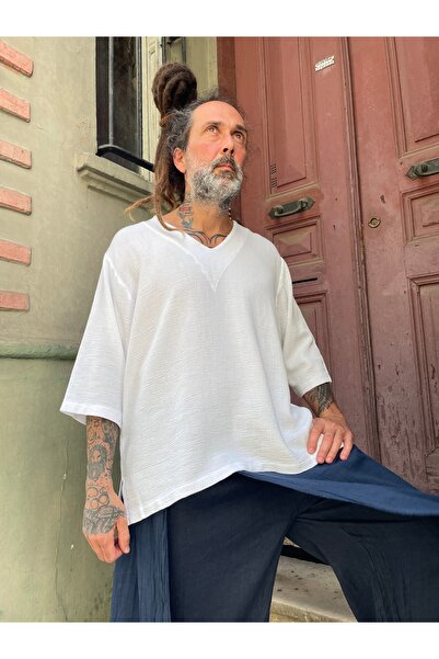 Bohoyasam Unisex V Yaka Oversize Tişört, Pamuklu Rahat Bluz, Yazlık Salaş Erk...