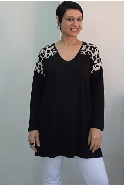 Mertcan Butik Black V-Neck Shoulder Color Block Size Whole Coming Low Sleeve Combed Viscose T-Shirt